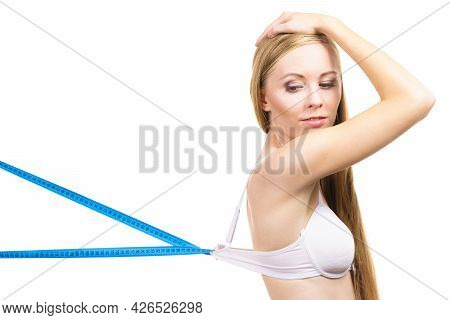 Woman Wearing Wrong Bra, Underbust Band Too Loose. Female Breast In Lingerie. Measure Bra Size, Fitt