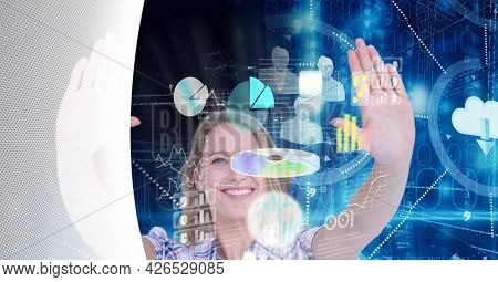 Composition of digital screen with icons and woman in background. global business, digital interface, technology and networking concept digitally generated image.