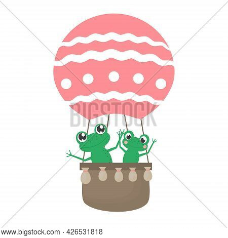 Cartoon Cute Frogs Are Flying In Hot Air Balloon.
