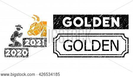 Mosaic Pray Golden Bull Year United From Rectangular Parts, And Black Grunge Golden Rectangle Seal S