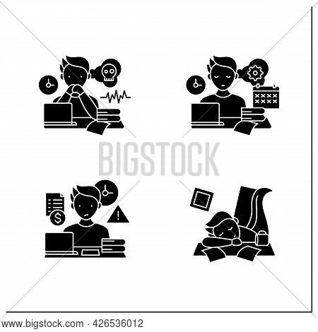 Procrastination Glyph Icons Set. Worrier, Defier Procrastinator, Mess, Late Payments. Overwhelmed Co