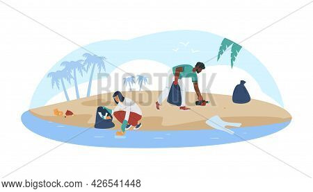 Eco Volunteers Doing Coastal Clean Up, Flat Vector Illustration Isolated.