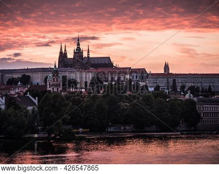 Saint Vitus Cathedral Or Katedrala Svateho Vita On River Vltava In Prague, Czech Republic At Pink Su