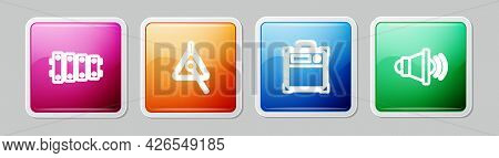 Set Line Xylophone, Triangle, Guitar Amplifier And Speaker Volume. Colorful Square Button. Vector