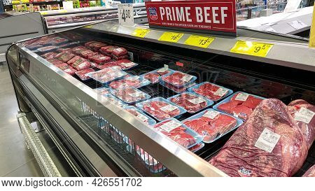Orlando, Fl Usa - May 31, 2021: Fresh Cuts Of   Prime Beef Meat N The Refridgerated Meat Aisle Of A 