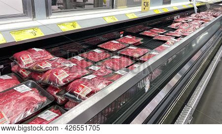 Fresh Cuts Of Beef Meat  In The Refridgerated Meat Aisle Of A Sams Club Grocery Store Ready To Be Pu