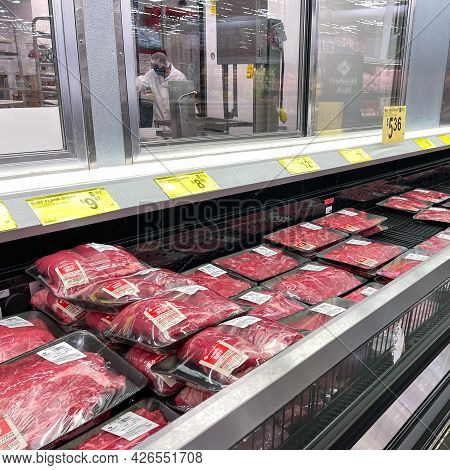Fresh Cuts Of Beef Meat  In The Refridgerated Meat Aisle Of A Sams Club Grocery Store Ready To Be Pu