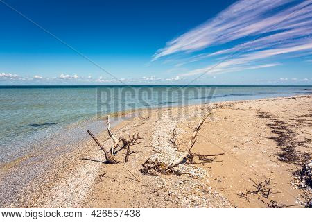 Wild Beautiful Beach On The Dzharylgach Island In The Black Sea.