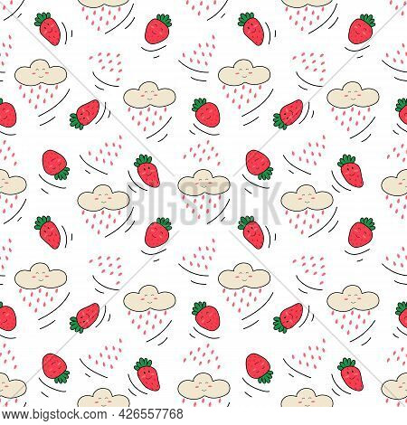 Vector Seamless Pattern With Strawberry And Rainy Cloud In Cartoon Flat Doodle Style. Hand Drawn Fre