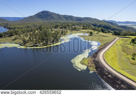 Aerial Over Rock Wall And Catchment Area Of Teemburra Dam, Queensland, Australia