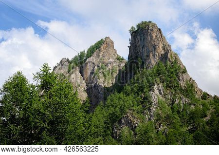 Mountain Range And Forest On The Path To Colle Delle Muine (pass Of Muine) In Maira Valley, Beautifu