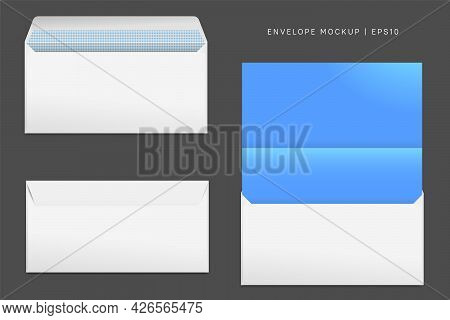 Realistic Blank White Letter Paper E65 Envelope Front View. Vector Blank Open And Close Isolated On 