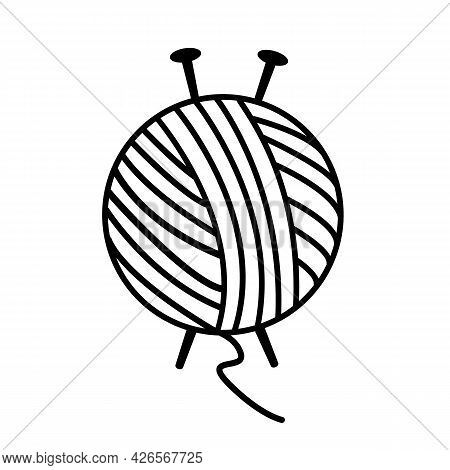 Yarn Ball And Needles Icon On White Background. Knitting Needles Sign. Yarn Ball With Knitting Needl