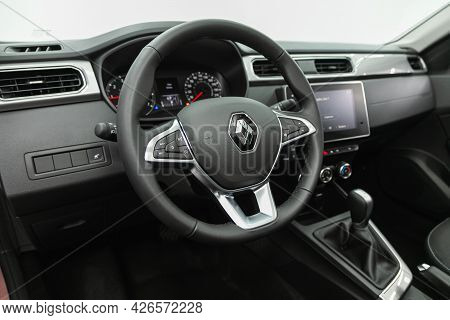 Novosibirsk, Russia - June 29, 2021: Renault Arkana, Auto Interior: Steering Wheel With  Logo    And