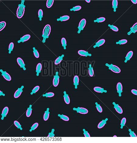 Line Magic Sword In Fire Icon Isolated Seamless Pattern On Black Background. Fiery Sword. Magic Weap