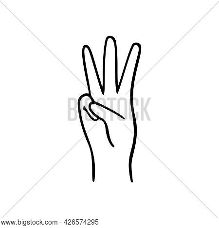 Hand With Three Fingers Splay Gesture Human Hand. Vector Doodle Illustration.