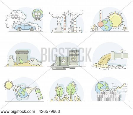 World Resources With Carbon Oxide, Petroleum And Renewable Natural Resources Line Vector Set