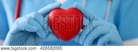 Doctor In Gloves Holds A Red Heart Closeup