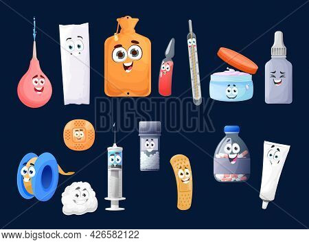 Cartoon First Aid Kit Characters, Vector Medicine Pills In Bottle, Cute Happy Clyster, Syringe And T