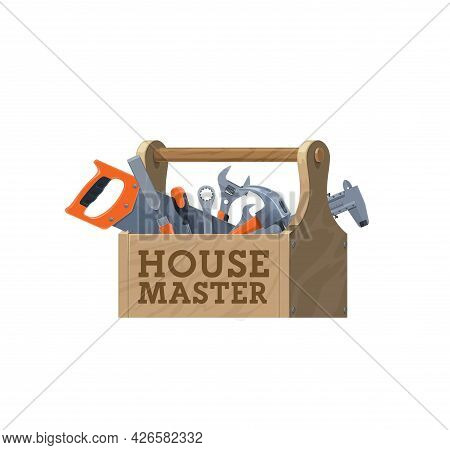 Wooden Toolbox, Vector House Repair Tools Icon. Maintenance Tool Kit, Construction Hardware And Carp