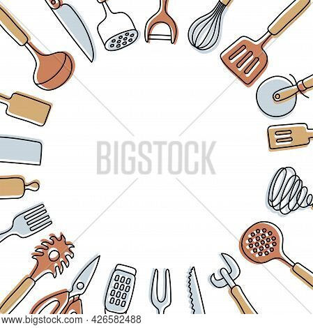Kitchen Knolling With Copy Space. Kitchenware Sketch Set. Doodle Vector Utensils, Tools And Cutlery.
