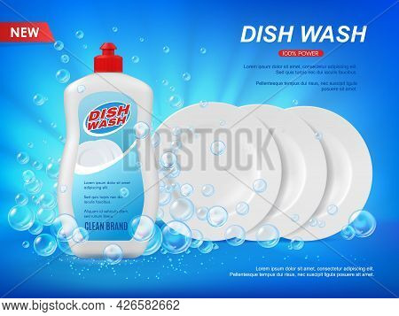 Detergent Dishware Cleaner With Plates And Bubbles. Dish Wash Vector Ad Background With Soap And Cle
