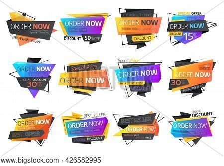 Order Now Origami Business Labels And Banners. Online Shopping Seasonal Sale Offer, Discount And Spe
