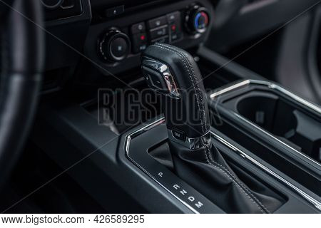Modern Car Inside. Control Panel And Automatic Transmission Background. Detail Of An Automatic Gear 