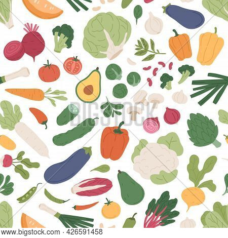 Seamless Pattern With Fresh Vegetables On White Background. Repeatable Texture With Different Vegeta