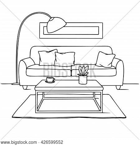 Living Room Sketch In Black On White. Interior Sketch, Sofa, Lamp And Other Furniture. Vector Illust