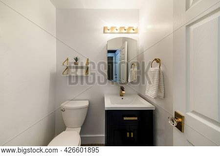 Modern Powder Room Design With Matching Gold Fixtures