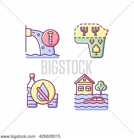 Water Stress Rgb Color Icons Set. Isolated Vector Illustrations. Desert Expansion. Urban Runoff Mana
