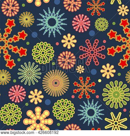 Festive Background. Night. Square Seamless Pattern. Bright Flashes Of Fireworks In A Symbolic Style.