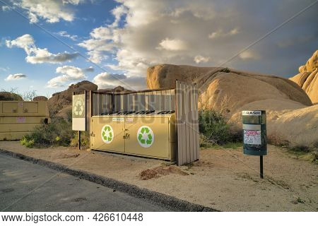 Trash Bins For Recyclable Wastes At A Campsite In Joshua Tree National Park