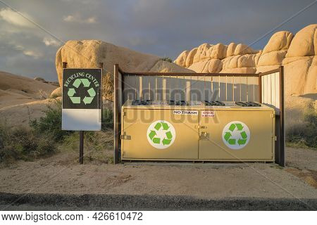 Garbage Bins For Recyclable Trash Against Rocks At Joshua Tree National Park