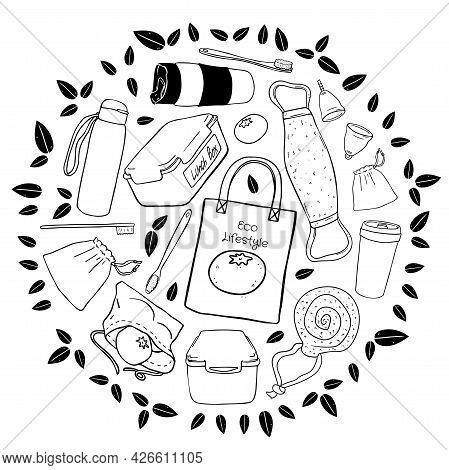 Black Outline Set Of Eco-friendly Objects Isolated In White Background.