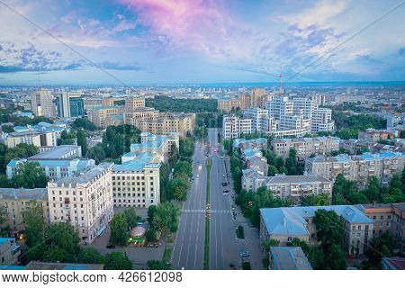 The Central Street Of Kharkiv, Aerial Drone Shot At Sunset. Architecture Of Kharkiv, Science Avenue,