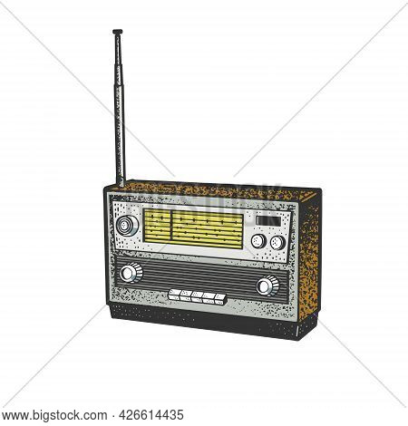 Radio Device Color Line Art Sketch Engraving Vector Illustration. T-shirt Apparel Print Design. Scra