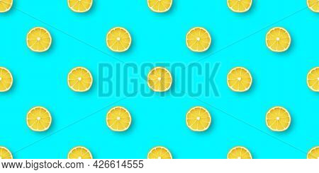 Fresh Citrus Lemon Seamless Pattern. Lemons On Blue Background. Vector Design Template For Packaging