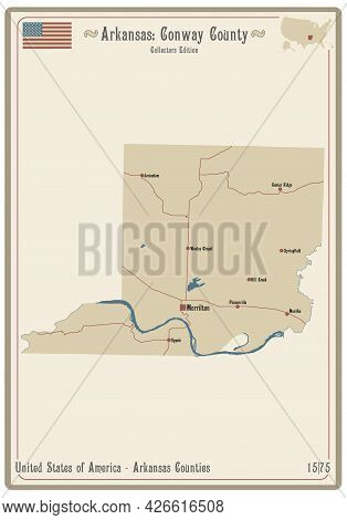 Map On An Old Playing Card Of Conway County In Arkansas, Usa.
