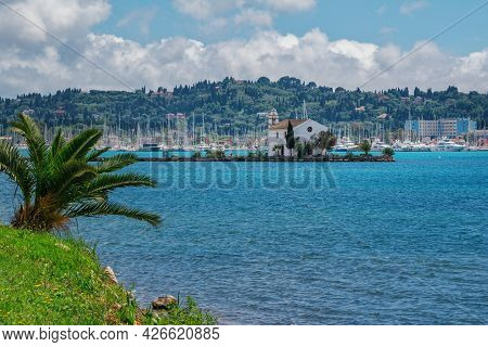 Corfu Island, Greece- May 5, 2019: View Of Beautiful Gouvia  Marina, Ancient Ypapanti Church - Small