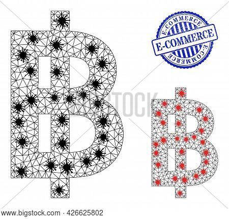 Mesh Polygonal Bitcoin Currency Icons Illustration In Infection Style, And Textured Blue Round E-com