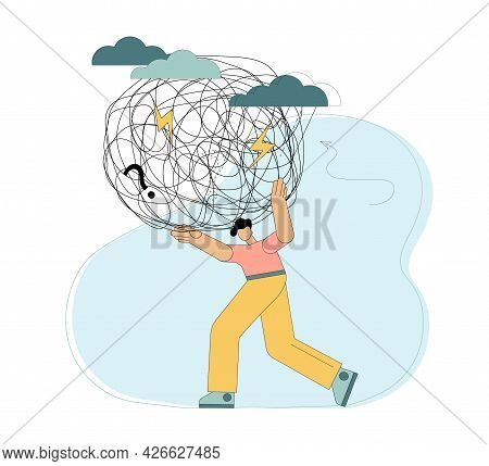 The Person Carries The Burden Of Stress. Heavy Burden On The Shoulders. Difficulties, Anxiety, Crisi