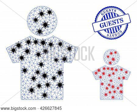 Mesh Polygonal Boy Symbols Illustration With Outbreak Style, And Textured Blue Round Guests Badge. C