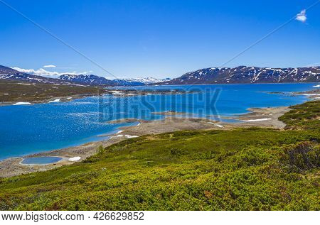 Amazing Vavatn Lake Panorama Rough Landscape Boulders Mountains Hemsedal Norway.