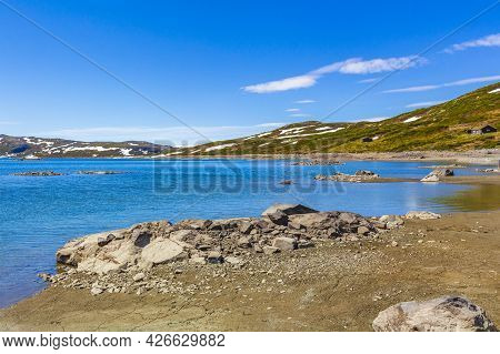 Amazing Vavatn Lake Panorama Rough Landscape Boulders Mountains Hemsedal Norway.