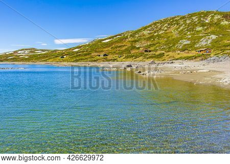 Amazing Vavatn Lake Panorama Rough Landscape Boulders Mountains Hemsedal Norway.
