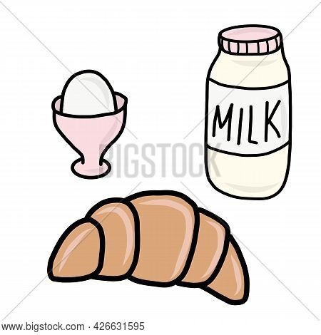 Hand Drawn Breakfast Time With Egg, Croissant And Milk. Vector Illustration Of Foods