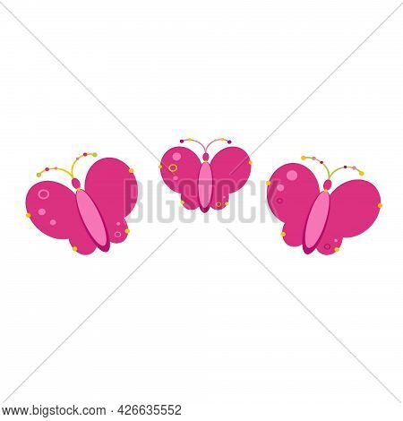 Illustration Of Three Pink Butterflies With Large Wings Arranged Horizontally. Colored Antennae Of A