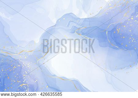 Turquoise And Teal Blue Liquid Watercolor Background With Golden Glitter Lines. Pastel Cyan Marble A